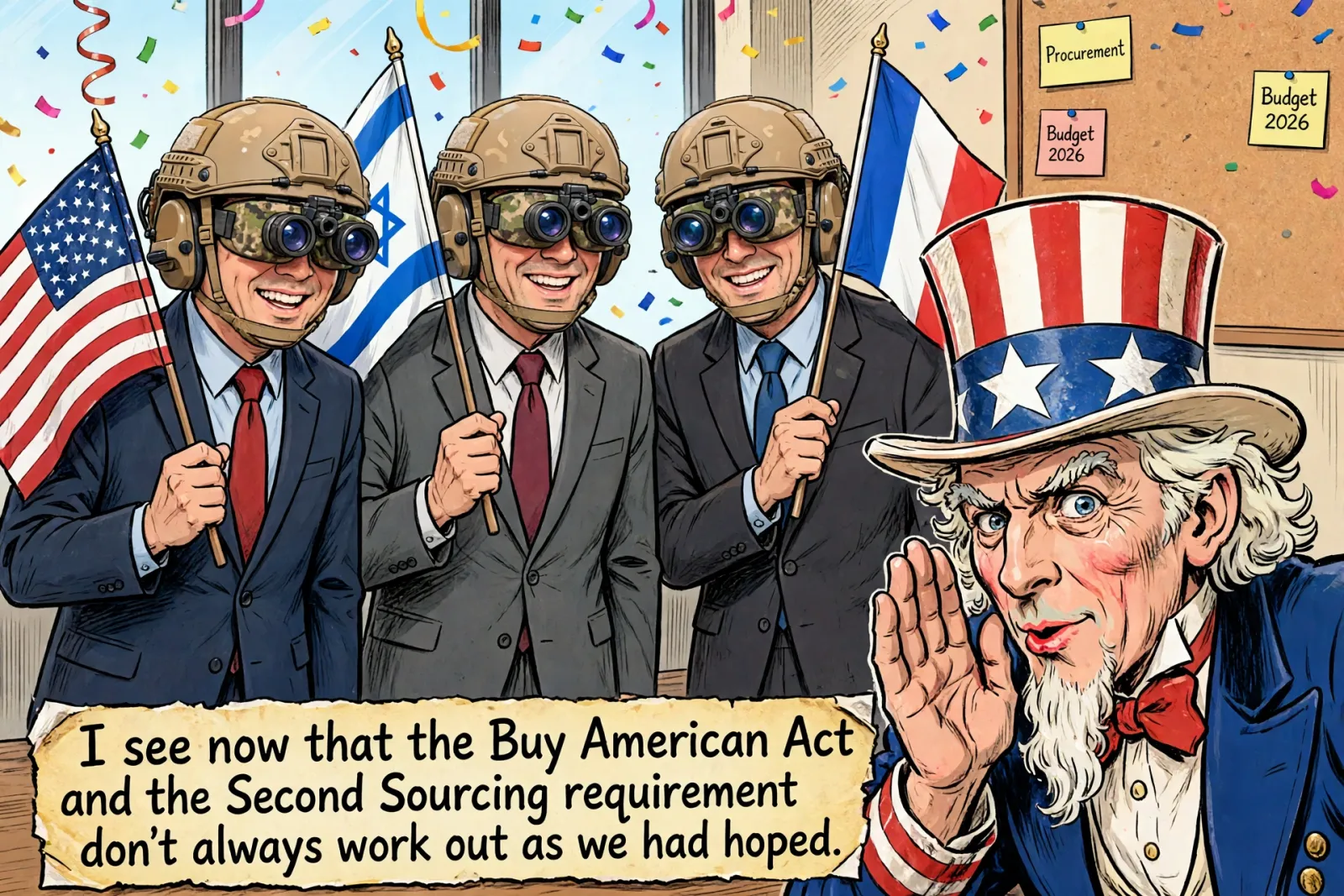 Cartoon of three smiling officials in helmets and night vision goggles holding American, Israeli and French flags while Uncle Sam cups a hand to his ear and says the Buy American Act and Second Sourcing requirement do not always work out as hoped