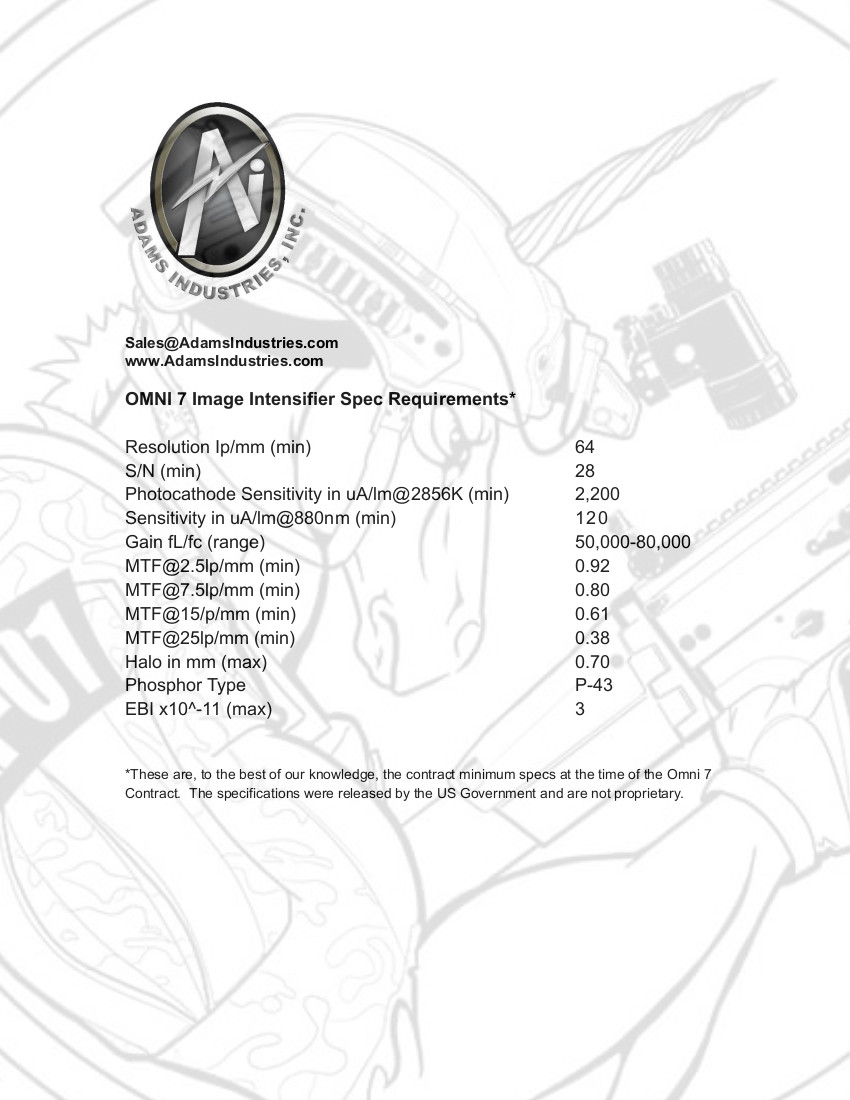 Omni VII (Omni 7) contract minimum spec sheet, Adams Industries