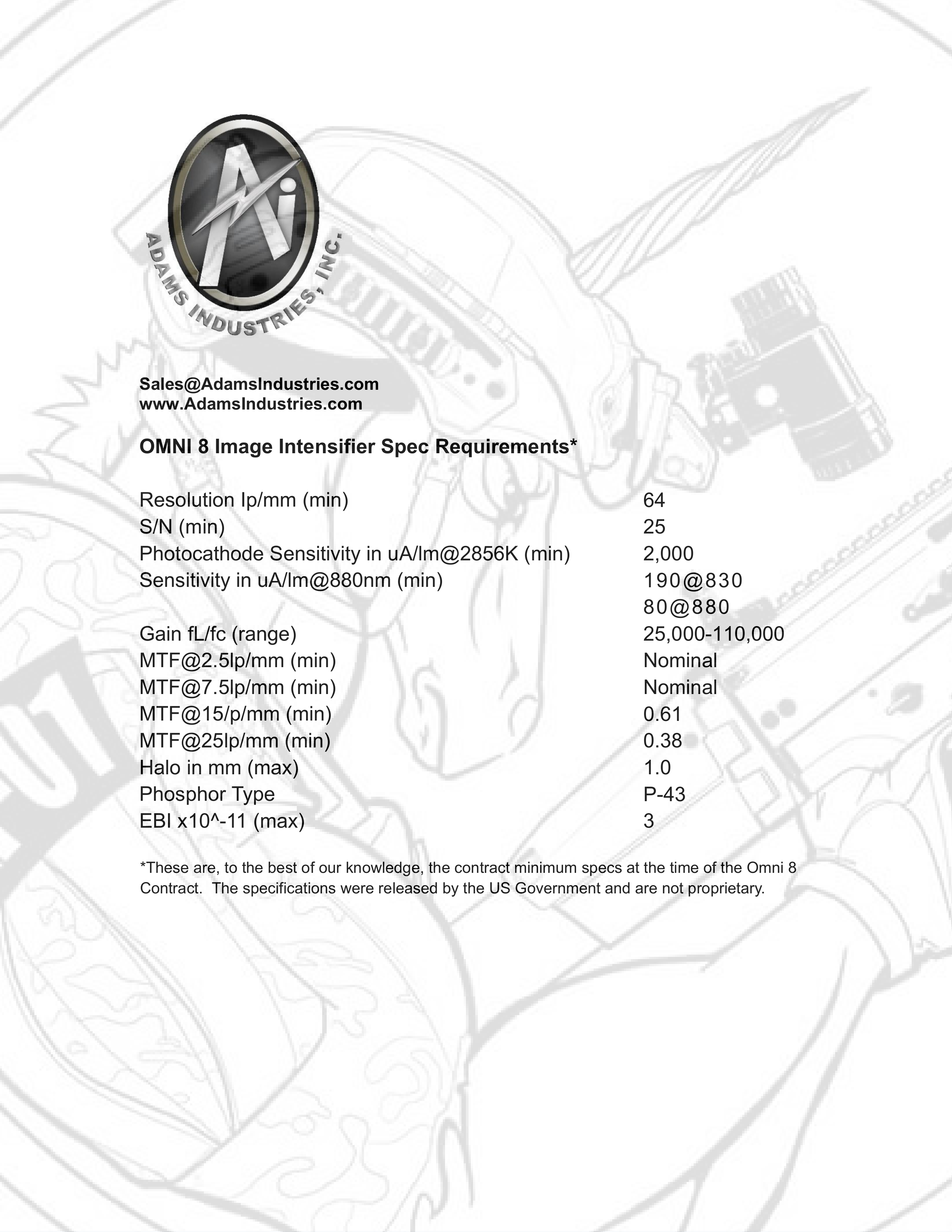 Omni VIII (Omni 8) contract minimum spec sheet, Adams Industries